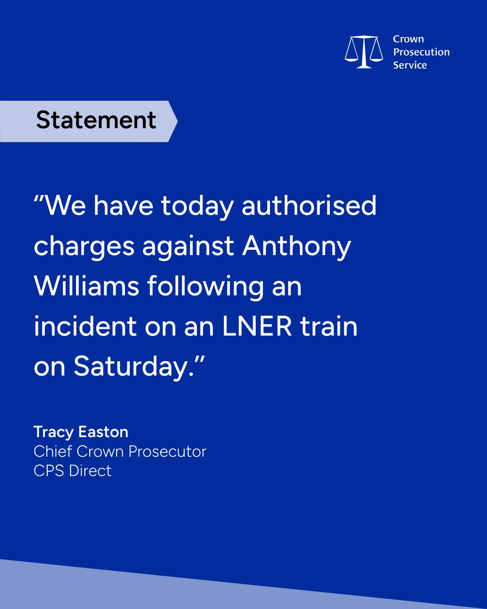 CPSUK's tweet image. The Crown Prosecution Service has decided to prosecute Anthony Williams, 32, from Peterborough for attempted murder following an incident on an LNER train on Saturday. He will appear at Peterborough Magistrates&apos; Court today, Monday 3 November.

Read more: orlo.uk/Ht6e9