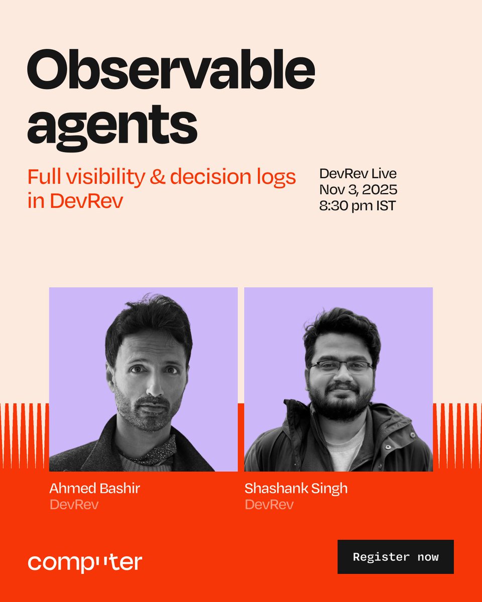 devrev's tweet image. Automation shouldn’t feel like a black box. When agents act without context or logs, trust slips, issues linger, and compliance gets tough.  

So, what’s the fix? 
DevRev’s Observable agents.  

Join Ahmed Bashir (CTO, DevRev) and Shashank Singh (Product Manager, DevRev) as they…