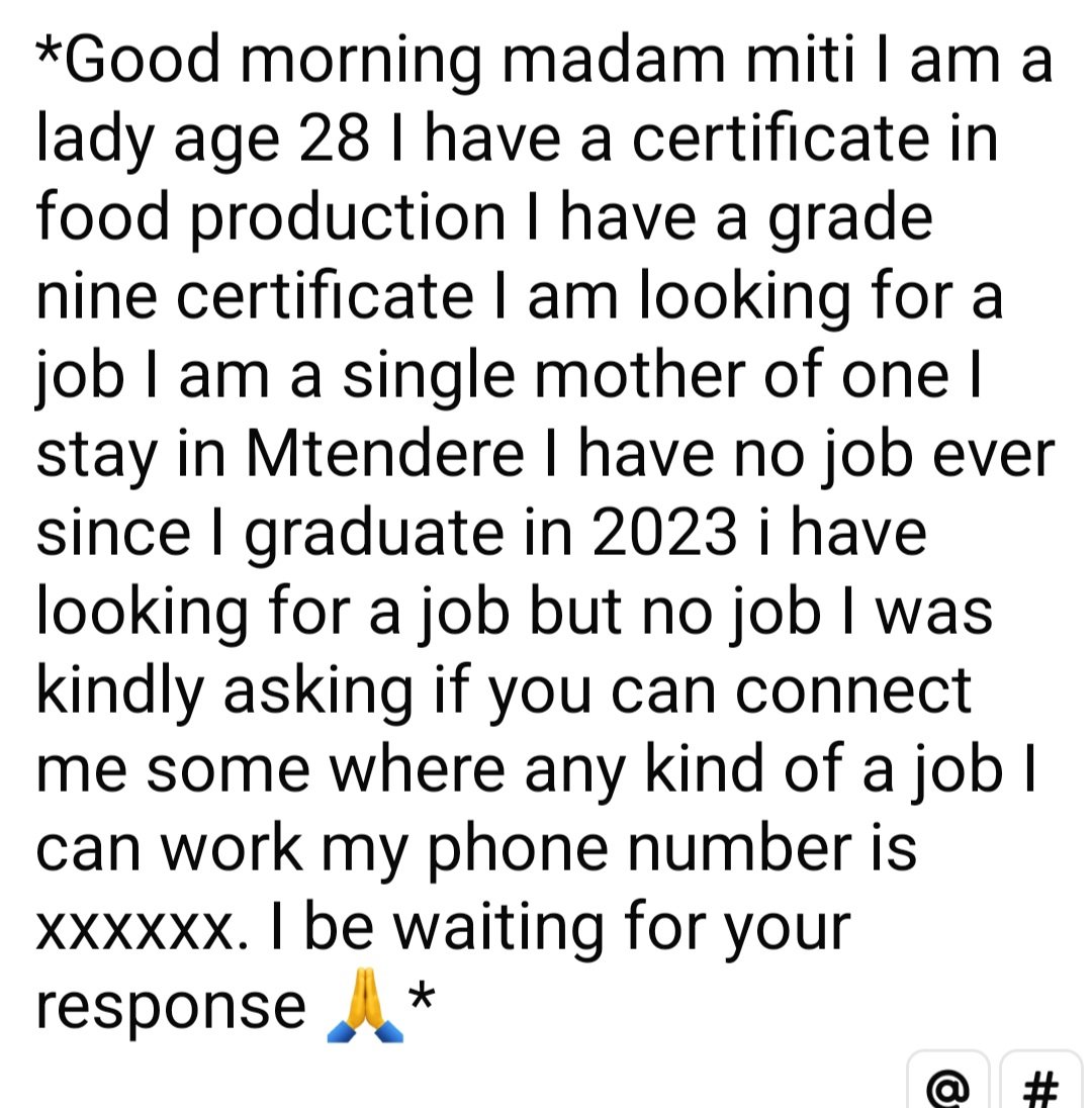 I get loads of inboxes asking for help to find a job. I don't post them coz there'd be so many. I decided to post this one, I don't know why. Just felt for her. With Gr 9, she's unlikely to be considered for most advertised jobs that she can surely do. Do DM if you need her.