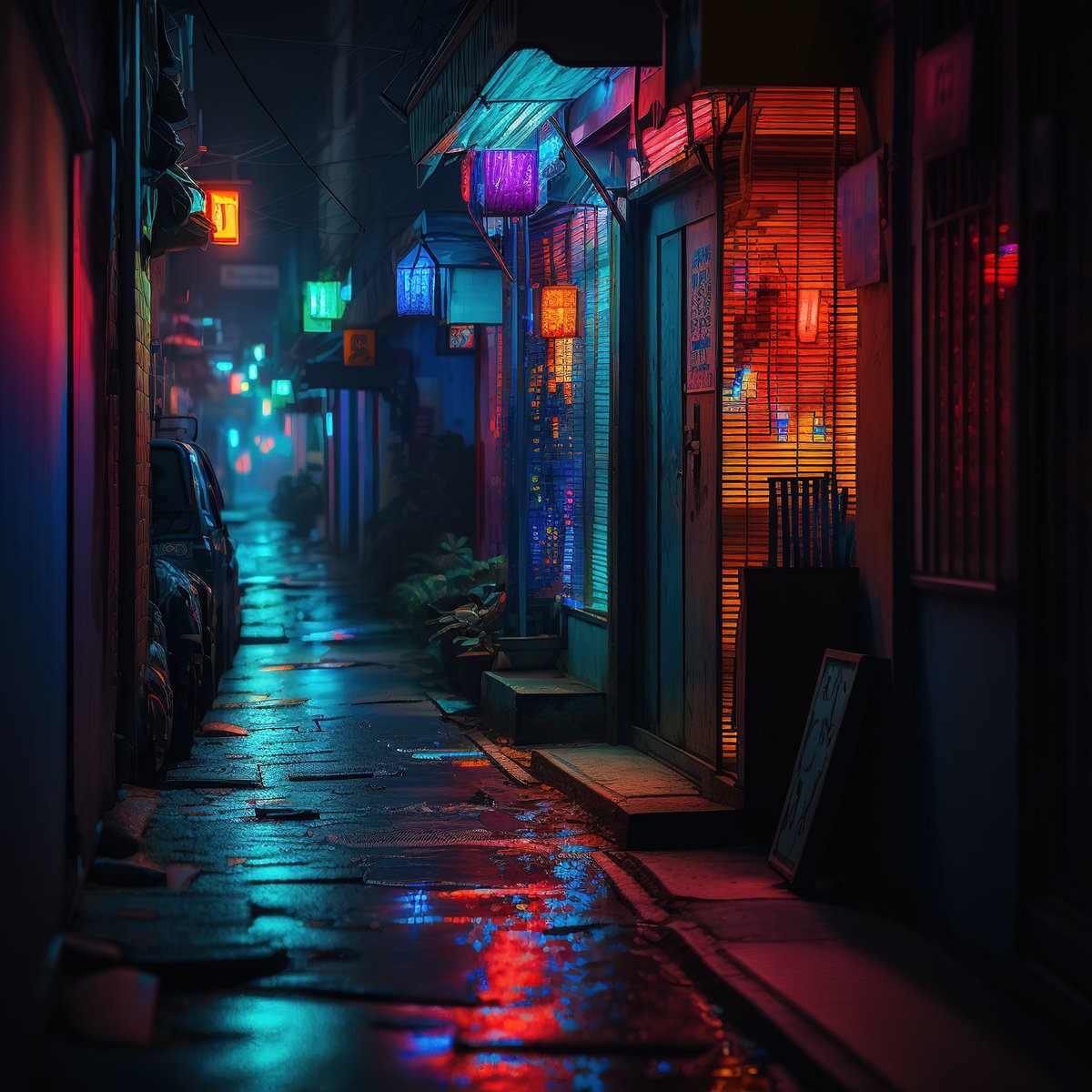 NoBanksNearby's tweet image. 3:42 AM. This alley&apos;s deep blues meet blazing neon. The wet ground mirrors a hidden electric sky, each reflection a vibrant echo in the pre-dawn quiet. Don&apos;t let this solitary beauty pass you by. Be present in the still, glowing pulse of the city.

#ProgrammableArt #RareNFT…