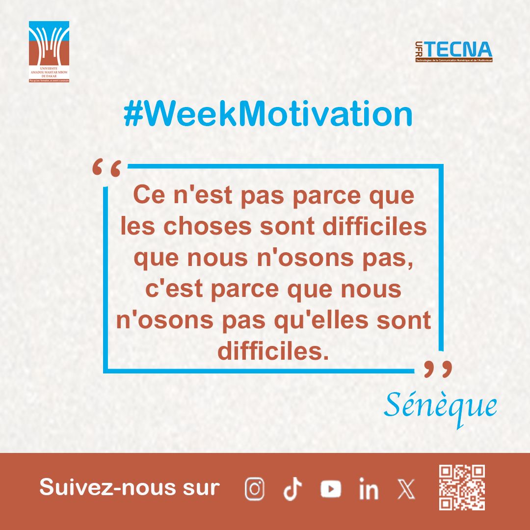 UfrTecna's tweet photo. #WeekMotivation

Ce n’est pas en attendant que les choses deviennent faciles qu’on avance, mais en osant malgré la difficulté.

Cette semaine, n’attends pas : ose, et le reste suivra.

#UFRTECNA #motivation #compublique #UAM #kebetu https://t.co/j0KfM1Yd02