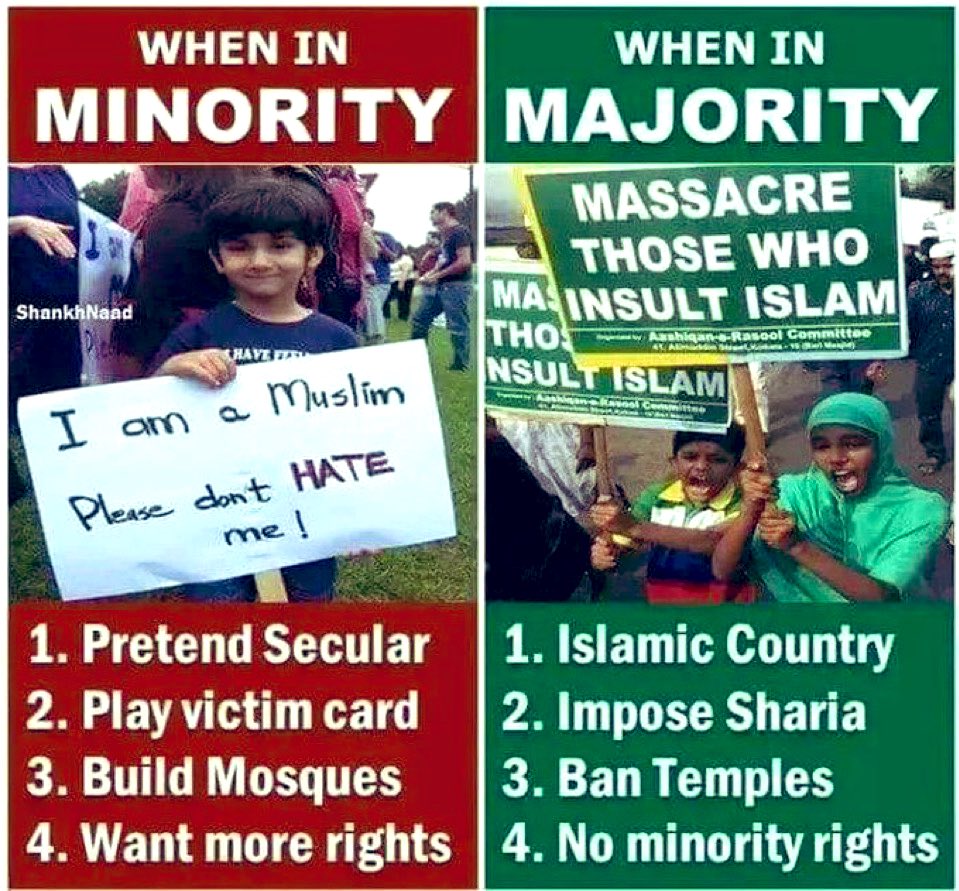 GnosisWolf's tweet photo. ☪️👉 Islam invasion

Probe me wrong. 

Hell, it’s not even when in majority, it just takes a small percentage to push Sharia, infest politics, and attack other religions.

✅😈 Plenty of examples available. https://t.co/4on3A4H5sf