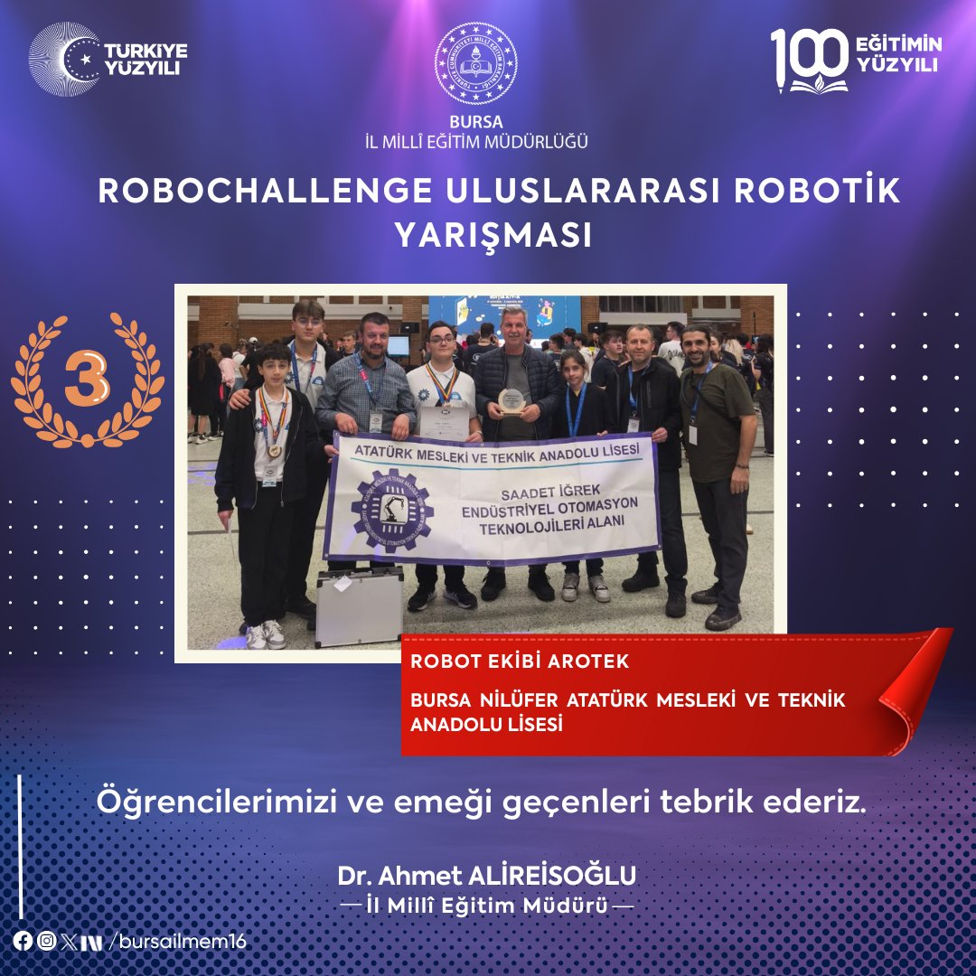 Nilüfer ilçesi Bursa Nilüfer Atatürk Mesleki ve Teknik Anadolu Lisesi Endüstriyel Otomasyon Teknolojileri Alanı Robot Ekibi - AROTEK, Robochallenge Uluslarası Robotik Yarışması  'Line Follower Kids' kategorisinde dünya üçüncülüğünü elde etmiştir. 🥉

Öğrencilerimizi ve emeği