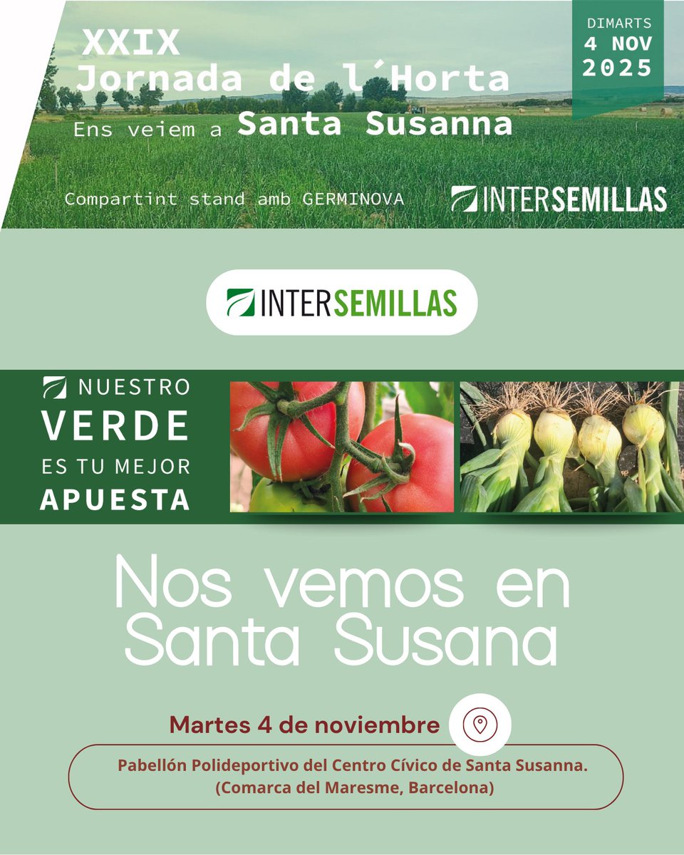 ¡Nos vemos en Santa Susanna! 🌱 🍅🥒🧅🫑

Participamos en la XXIX Jornada de l’Horta, organizada por la Federació d’ADVs SELMAR

📅 Mañana, martes 4 de noviembre, estaremos en el Pabellón Polideportivo del Centro Cívico de Santa Susanna