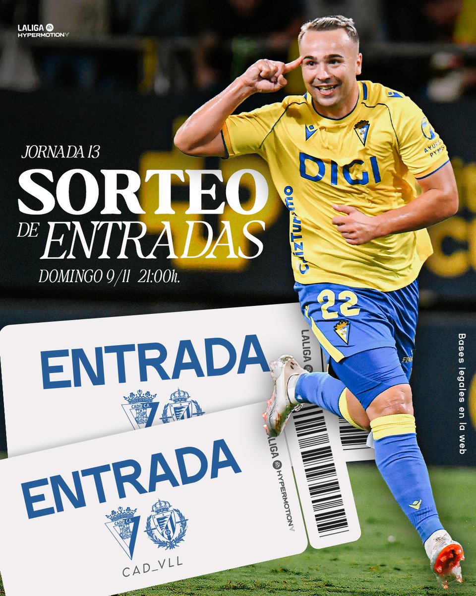 💛💙 ¡ATENCIÓN SORTEO!

¿Quieres venir gratis al #CádizRealValladolid junto a un acompañante?

¡Sorteamos dos entradas!

Participa en el sorteo:
* Sigue nuestra cuenta
* Da Me gusta y RT a esta publicación.
* Menciona a la persona con la que vendrías al partido.