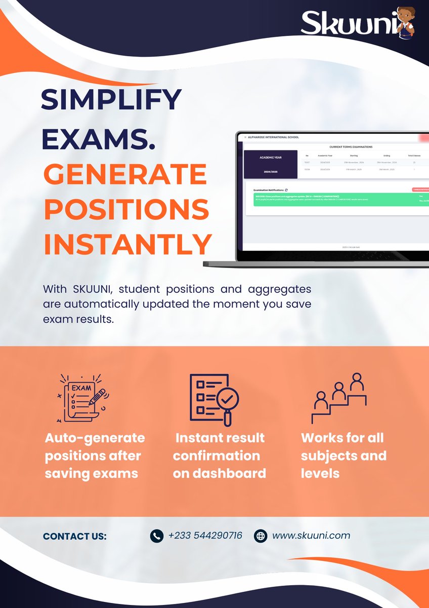 skuunisms's tweet image. Simplify exams with ease!
With Skuuni, student positions and aggregates auto-update the moment you save exam results — no manual work, no stress! 👉 Try it now and make exam management effortless! 🔗 Visit: skuuni.com
#Skuuni #EduTech #SmartSchools #DigitalLearning