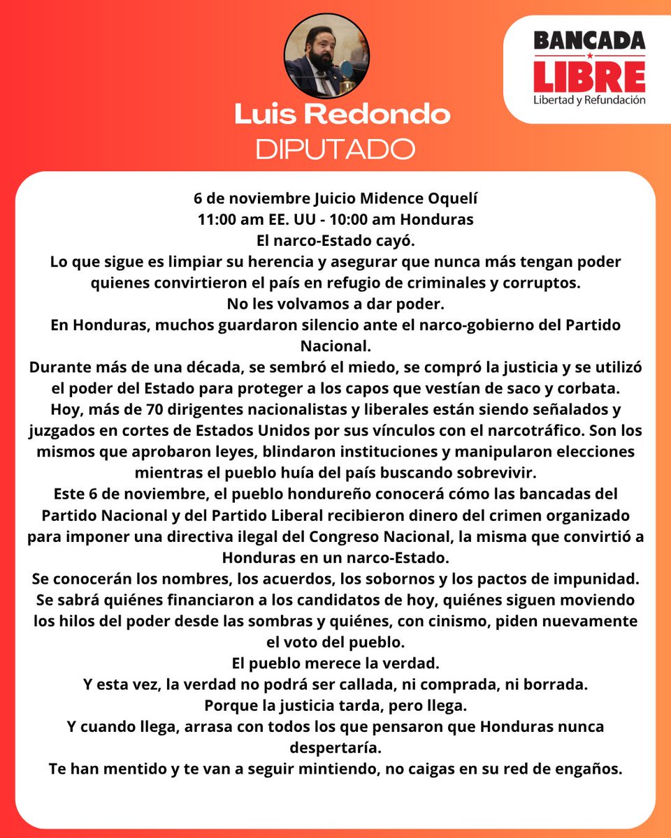 El presidente del Congreso Nacional, <a href="/Lredondo/">LUIS REDONDO 🇭🇳</a>, afirmó que el juicio contra Midence Oquelí evidencia la caída del narcoestado hondureño y la complicidad de dirigentes nacionalistas y liberales con el narcotráfico. Llamó a no devolver el poder a quienes corrompieron el país y