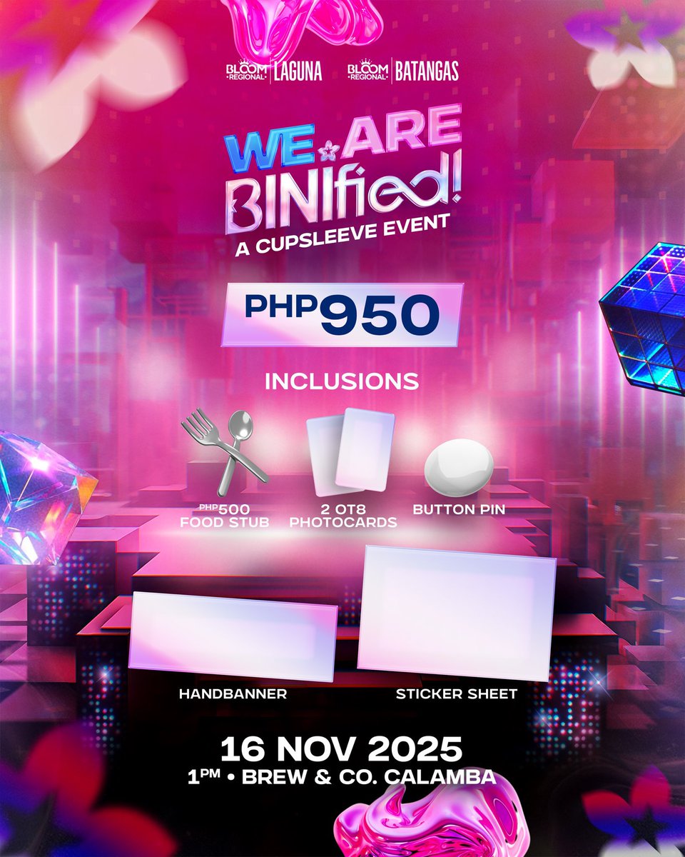 TEAMBLOOM_BTG's tweet photo. Get ready to be BINIfied, BLOOMS! 💫🌸

The powerhouse teams of Team Bloom Laguna and Team Bloom Batangas join forces for the We Are BINIfied Cupsleeve Event — TBL x TBB Collab! 

📍 Brew &amp; Co., Calamba
🗓 November 16, 2025 | 1:00 PM – 5:00 PM
📝  https://t.co/GLKyrV9Ycm… https://t.co/KSyIz8HHZk