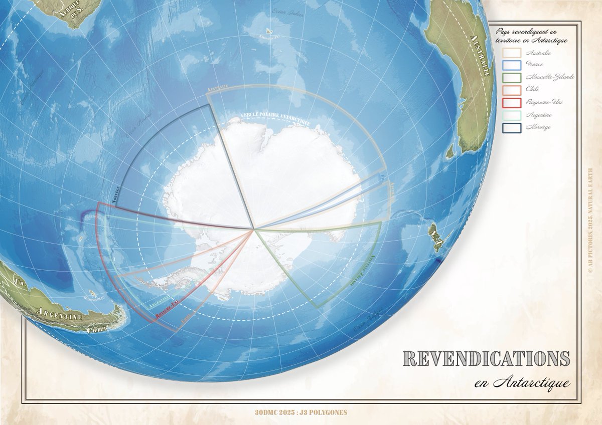 blambertcarto's tweet image. 🐧 Revendications en Antarctique

#30DayMapChallenge J3 : Polygones

🌍 Réalisée avec QGIS et Illustrator, avec des données Natural Earth Data et en projection orthographique (encore!)

🕰️ 3h de réalisation

#map #30DMC #Antarctica