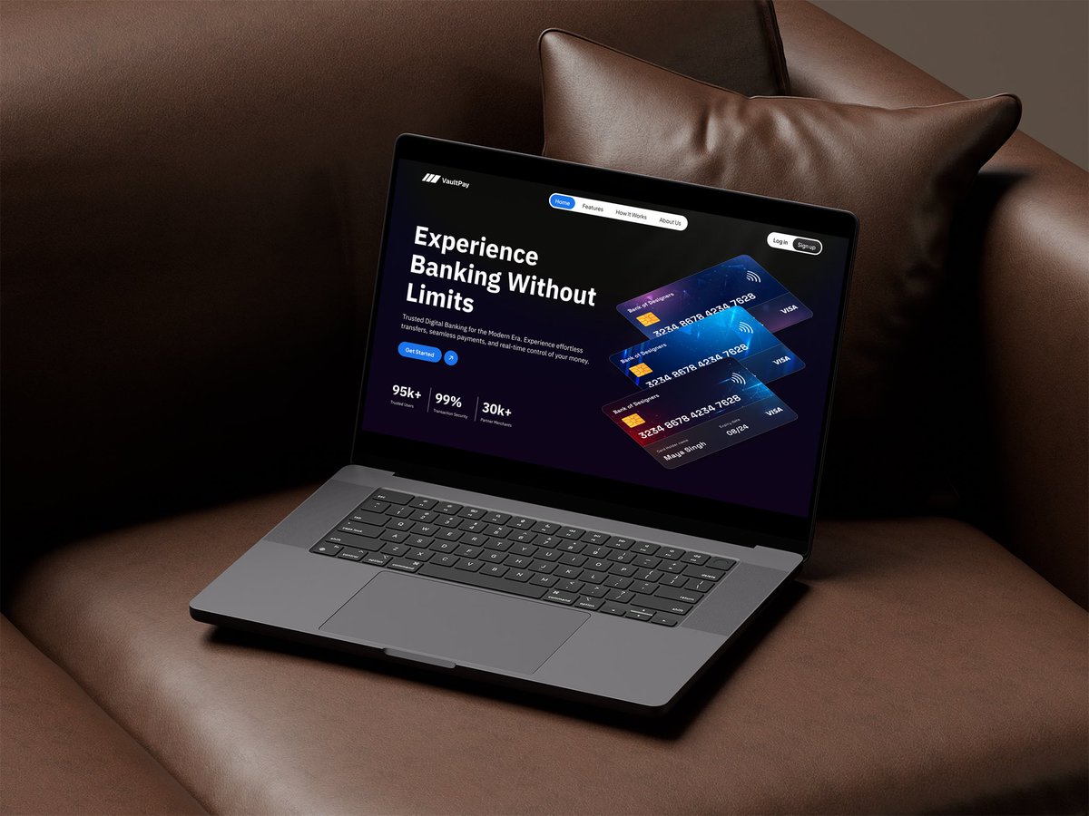 This is the hero section for Vault Pay. A digital finance platform that makes payments fast, secure, and effortless. I designed it to build trust at first glance and show users how simple managing money can be