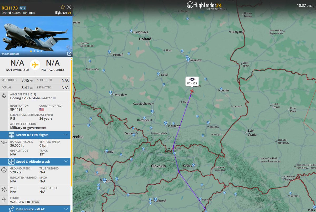 PolishMilRadar's tweet photo. 📅03.11⌚️11:38LT - 🇺🇸✈️ C-17 Globemaster #USAF tranzytem
🇺🇸 Siły Powietrzne Stanów Zjednoczonych #USAF
✈️ McDonnell Douglas C-17A Globemaster III "89-1191"
🛫 Baza Lotnicza Elefsis #LGEL | Grecja 🇬🇷
🛬 Nieznane
#RCH173 leci na FL360 na północny zachód
🔗https://t.co/10xB3sYjf1
#POLMILRADAR