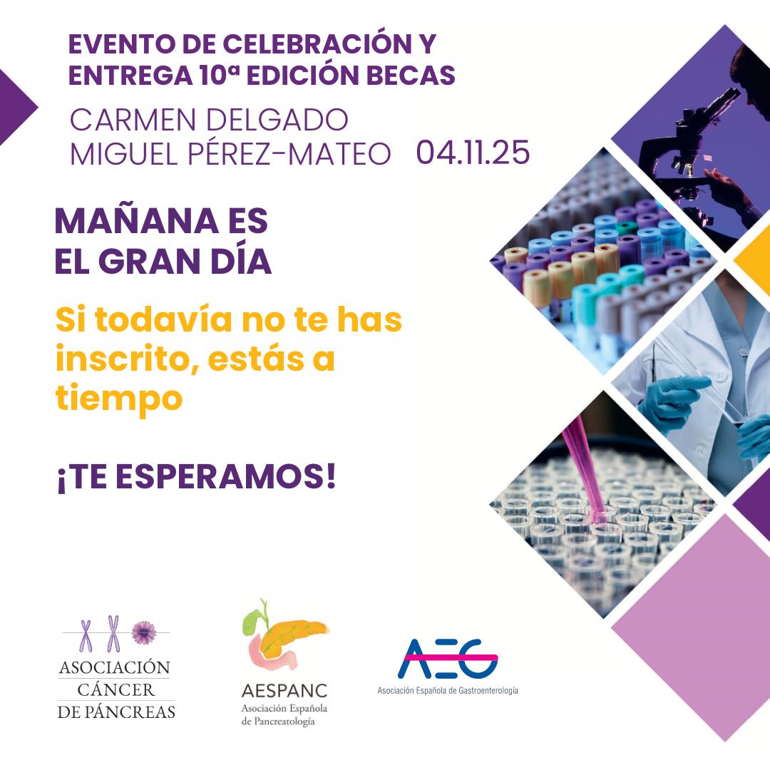AESPANC's tweet image. Último día para inscribirse! 
Mañana celebramos la 10ª edición de las #BecasCarmenDelgadoMiguelPérezMateo

Reuniremos a investigadores becados estos 10 años, pacientes y médicos para hablar de avances.

Hospital Ramón y Cajal y online
asociacioncancerdepancreas.org/evento-10-anos…

#CáncerDePáncreas