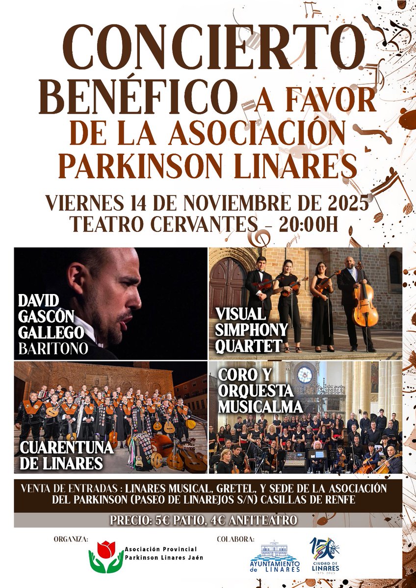 En el Teatro Cervantes de Linares tendrá lugar un concierto benéfico a favor de la Asociación Párkinson Linares el viernes 14 de noviembre a las 20:00 h. Les invitamos a asistir y colaborar en esta cita solidaria que une música, empatía y compromiso social.musicalma.es/musicalma-part…