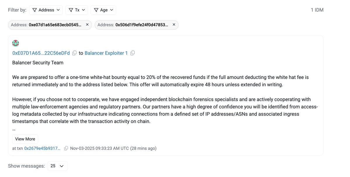 bubblemaps's tweet image. UPDATE: An address claiming to be @Balancer offered the hacker $20M to return the funds

Is this real or another attacker?