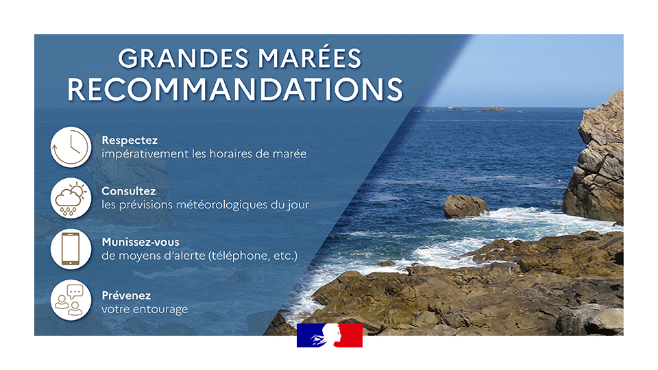 Grandes marées du 5 au 7 novembre 2025 : soyez prudents sur le littoral  

📍 Les grandes marées prévues du 5 au 7 novembre (coefficients jusqu’à 106) offriront de belles conditions pour la pêche à pied. Le préfet du Finistère appelle toutefois à la plus grande vigilance. 

👉