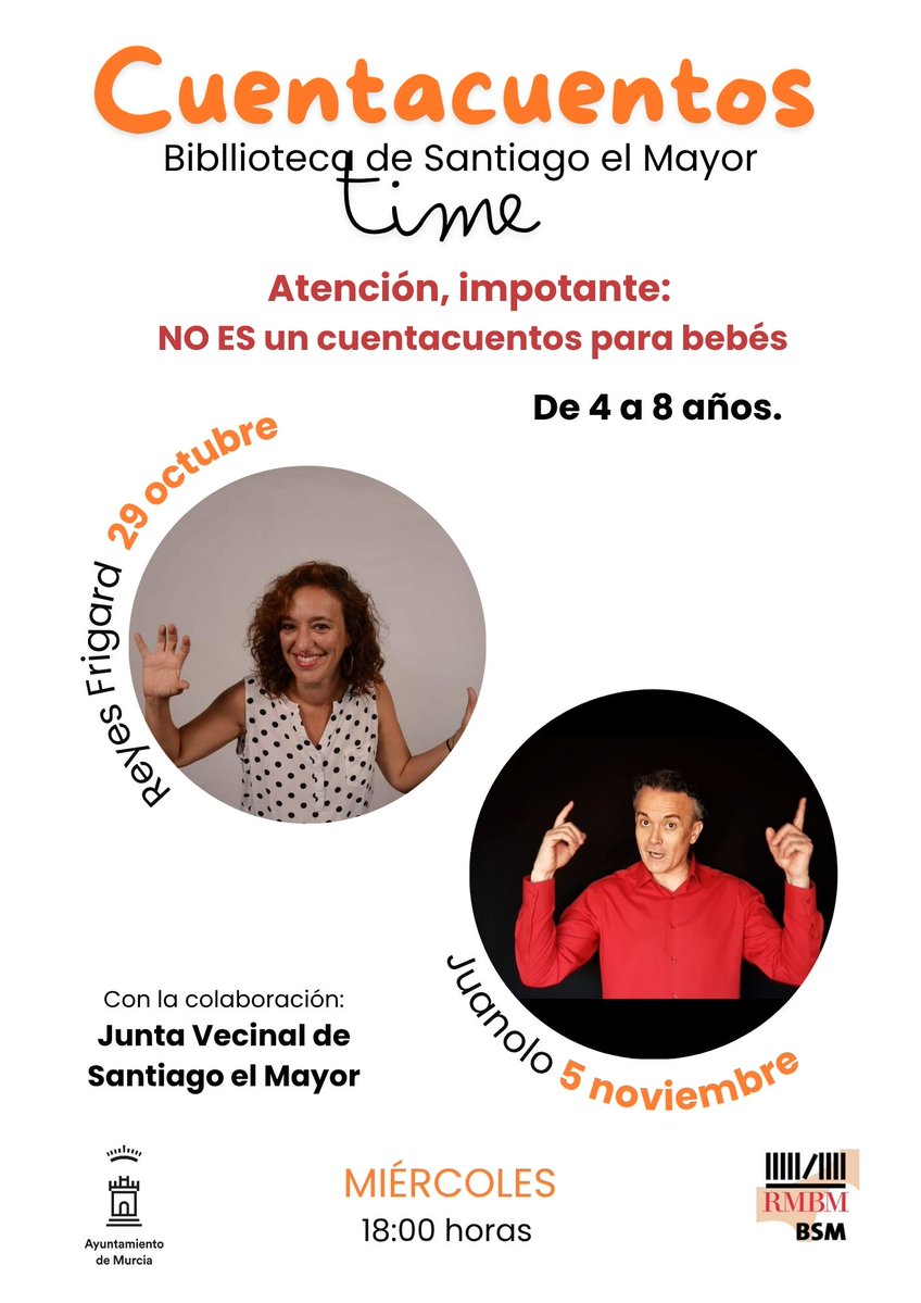 ¡Este miércoles #cuentacuentos! Recordad que está indicado únicamente para niños entre 4 y 8 años. ¡Os esperamos! 🤗
<a href="/RMBM17/">RMBM</a>
<a href="/AytoMurcia/">Ayuntamiento de Murcia</a>
<a href="/AAVVsantiagoel1/">AAVVsantiagoelmayor</a>
<a href="/AVRondaSurMurci/">AV Ronda Sur Murcia</a>
<a href="/PATINOPEDANIA/">PATIÑO</a>
<a href="/SantiagoMayorJM/">Junta Municipal Santiago el mayor</a>
<a href="/AgendaMenuda/">AGENDA MENUDA</a>