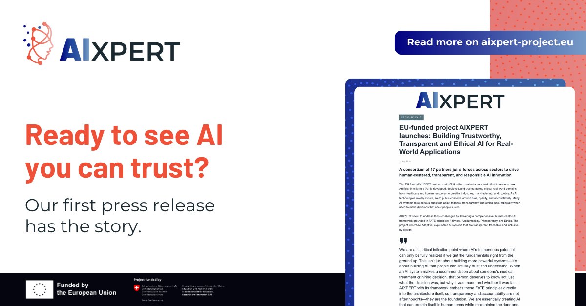 AIXPERT_project's tweet image. Press release out now!
It’s official — AIXPERT is live! 🌍
17 partners, €7.5M EU funding, building AI that’s fair, transparent, and human-centric. 🤝🤖

Read it here 👉 aixpert-project.eu/2025/11/03/eu-…

@HaDEA
#AIXPERT #ExplainableAI #HumanCentricAI