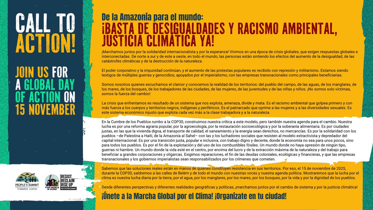 gcdcj's tweet image. Join us on November 15th in Belém and around the world for the World Day of Action for Climate Justice. Join movements seeking to reclaim the leading role in the climate agenda and place people and territories at the heart of climate action. 📣✊🏽 #ThisWorldIsOurs #SystemChange