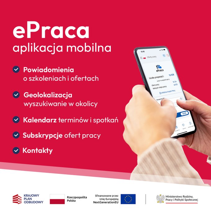 MRPiPS_GOV__PL's tweet photo. 📲 Skorzystaj z aplikacji mobilnej #ePraca 👉 Zyskaj bezpłatny dostęp do gromadzonych przez @MRPiPS_GOV__PL informacji o:
1⃣ tysiącach ofert pracy z całej Polski🇵🇱
2⃣ targach i giełdach pracy
3⃣ innych wydarzeniach organizowanych przez #UrzędyPracy
🔷 Nowoczesne funkcjonalności:
✅ powiadomienia o nowych ofertach, szkoleniach
✅ geolokalizacja
✅ kalendarz spotkań
✅ zapisywanie danych kontaktowych
➡️ AppStore: https://t.co/OhcDPyho7O
➡️ Google Play: https://t.co/5HYtZdbojd
#MRPiPS #Praca #Oferty #Szkolenia #TargiPracy #GiełdaPracy #NextGenerationEU #FunduszeUE #KorzyściDlaCiebie