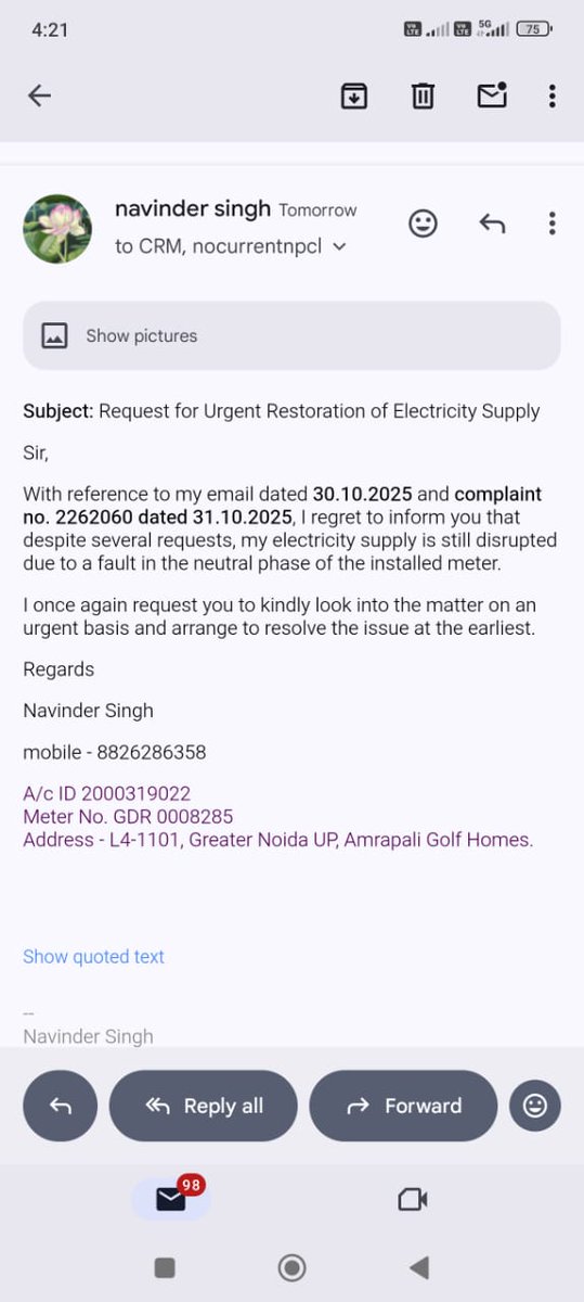 NPCL विभाग द्वारा मीटर कनेक्शन करते वक्त न्यूट्रल नहीं लगाया है और सील लगा दी है  जिसके कारण घर में पिछले 5 दिनों से पेमेंट के उपरांत भी लाइट नहीं पहुंच रही है,लगातार कंप्लेंट के बाद भी समस्या का समाधान नहीं, कागजों में ही समाधान हो रहा है, कृपया 9810841513 पर संपर्क करें