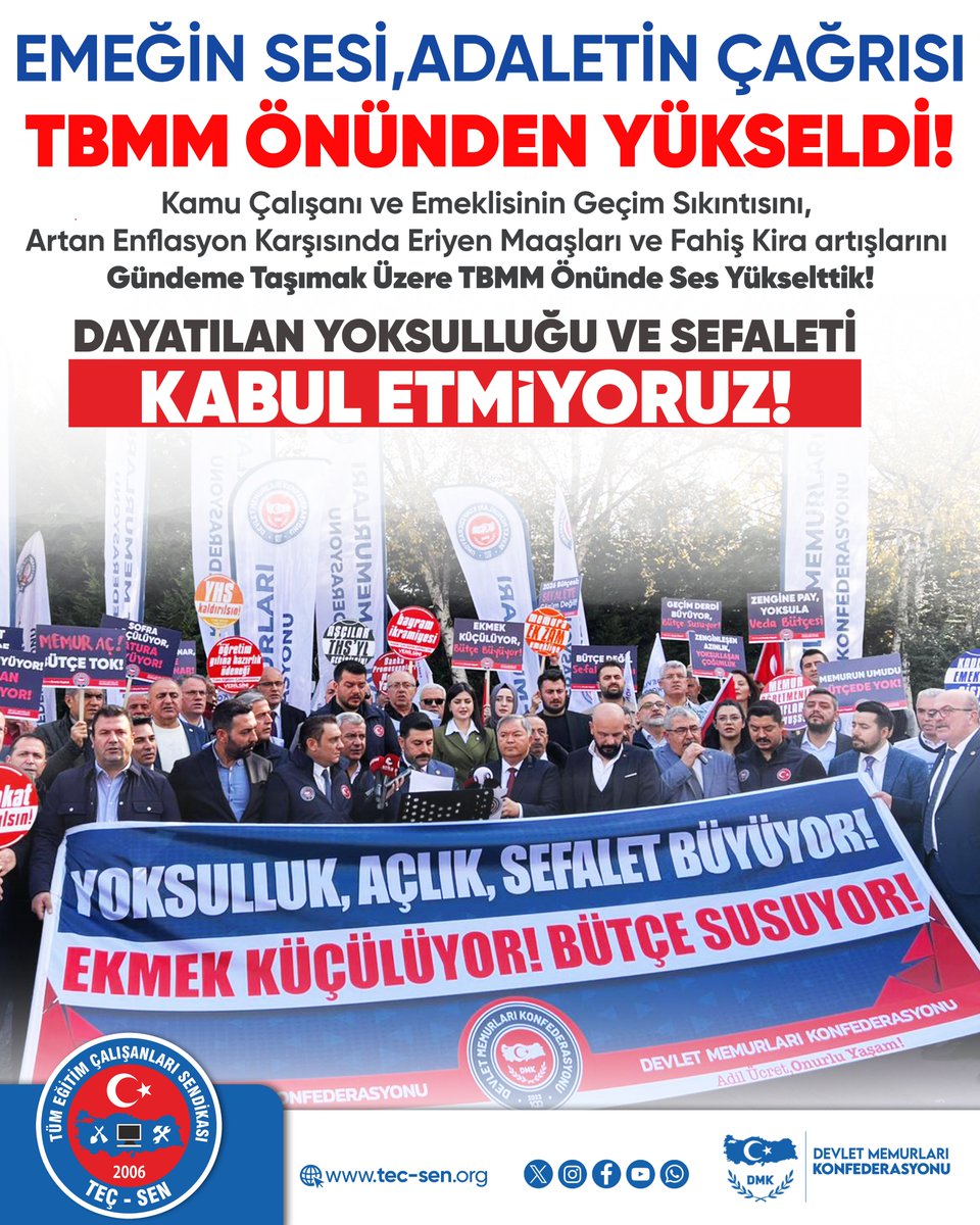 📢 Emeğin Sesi, Adaletin Çağrısı TBMM Önünden Yükseldi!

Kamu Çalışanı ve Emeklisinin Geçim Sıkıntısını, Artan Enflasyon Karşısında Eriyen Maaşları ve Fahiş Kira artışlarını Gündeme Taşımak Üzere TBMM Önünde Ses Yükselttik!

Ekim Ayı Enflasyon Verilerinin Açıklanması Akabinde,