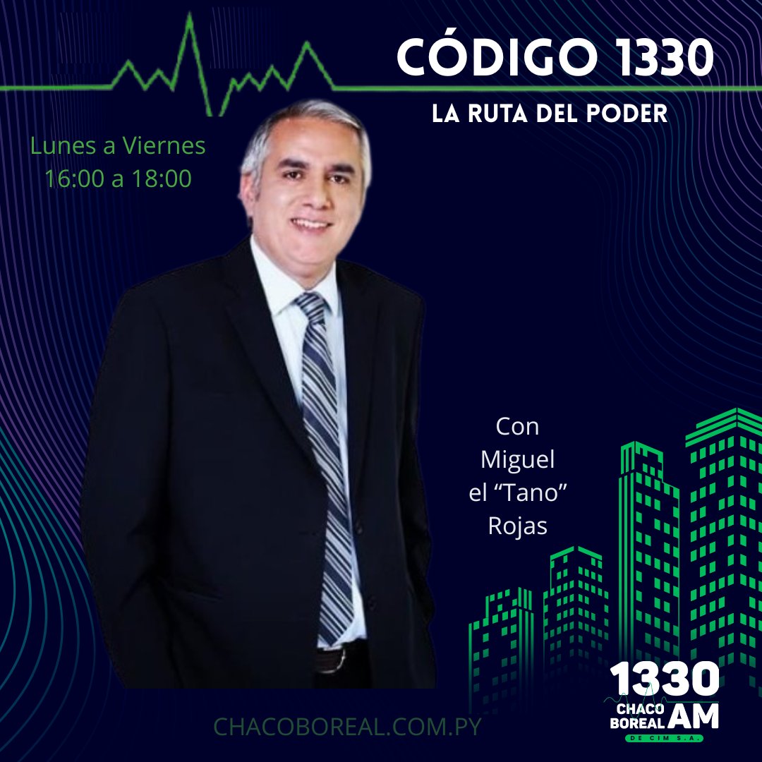 Arranca una nueva emisión de #Código1330, La Ruta del Poder, conducido por <a href="/eltanorojas/">Miguel Angel Rojas</a> hasta las 18:00  

🔴 En vivo: chacoboreal.com.py 

📻Escuchanos en desdeparaguay.com/1330 

📲wa.me/+595974121330 | #1330am