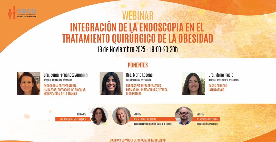 ¡Os informamos de la siguiente sesión de la #AcademiaSECO! 📢"Integración de la endoscopia en el tratamiento quirúrgico de la #obesidad"💻
📅19 noviembre
⏰19:00-20:30
🟠Enlace a la INSCRIPCIÓN GRATUITA: intranet.pacifico-meetings.com/GescoWeb/?cfg=…