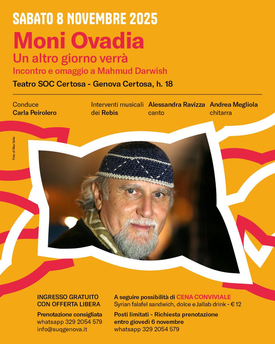 🎭 Moni Ovadia al #TeatroSocCertosa – Genova!
📅 Sabato 8 novembre, ore 18:00
Serata “Un altro giorno verrà” dedicata a Mahmud Darwish 🌙
📲 Info e prenotazioni: suqgenova.it

<a href="/peirolero/">Carla Peirolero</a>