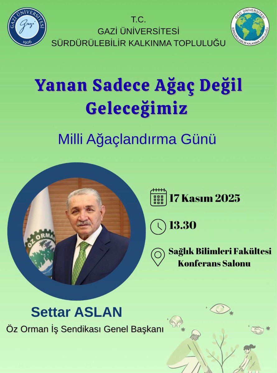 Milli Ağaçlandırma Günü vesilesiyle Genel Başkanımız Sayın Settar ASLAN Gazi Üniversitesi’nde gençlerle bir araya geliyor.

17 Kasım’da, geleceğimizi konuşmak, fidanı toprağa değil yüreğimize dikmek için buluşuyoruz.