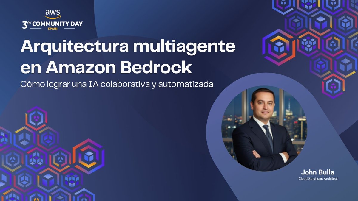 ¡Seguimos con el lineup del #AWSCommunityDay Spain 2025! 🙌
Con John Bulla y su charla:
 “Arquitectura multiagente en Amazon Bedrock: cómo lograr una IA colaborativa y automatizada” 🤖☁️