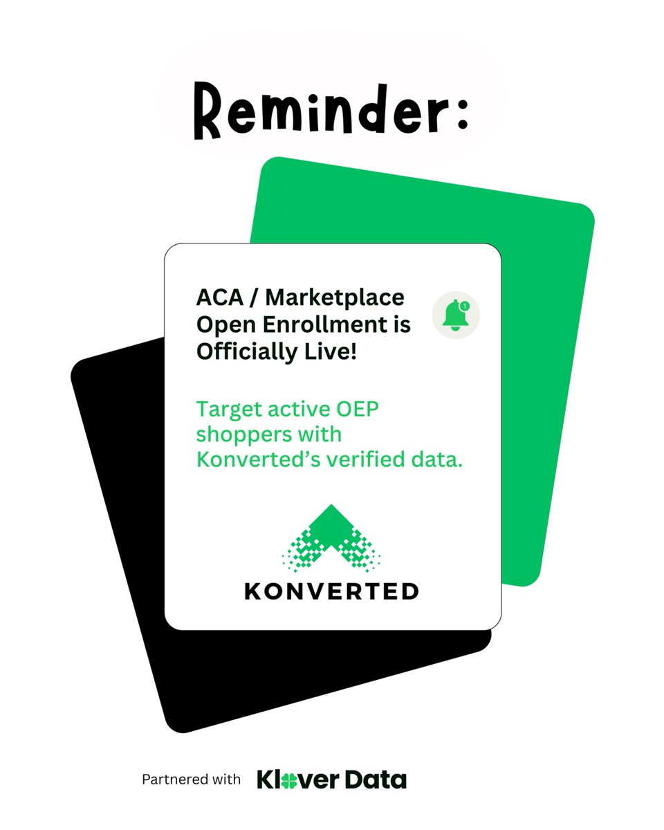 kloverdata's tweet photo. OEP is officially live! 🩺
Marketplace / ACA Open Enrollment runs November 1st through January 15th.
🔥 Get ahead this season with Konverted’s verified health insurance data.
#OpenEnrollment #ACA #MarketplaceLeads #HealthInsuranceMarketing #KonvertedData #OEP2025 #InsuranceLeads https://t.co/jFXiDPyB6e