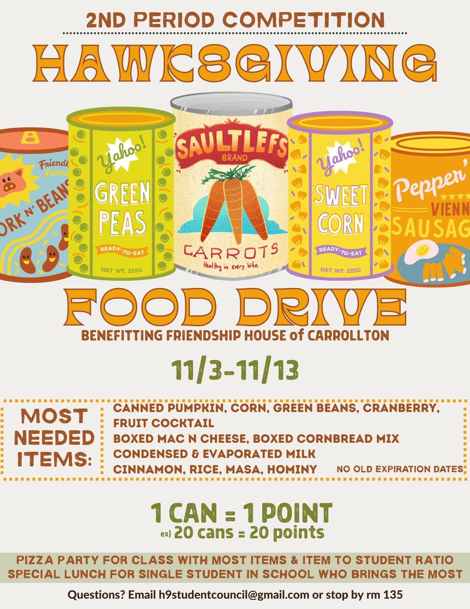 Hawksgiving Food Drive will run today through November 13! Prizes awarded for top participants!

Thank you for your donations to support our community! 🥫❤️
