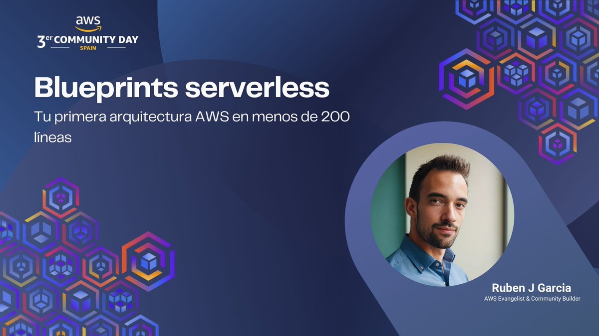 ¡Seguimos con el lineup del #AWSCommunityDay Spain 2025! 🙌
Con Rubén J. García y su charla:
 “Blueprints Serverless: tu primera arquitectura AWS en menos de 200 líneas” ⚡☁️
