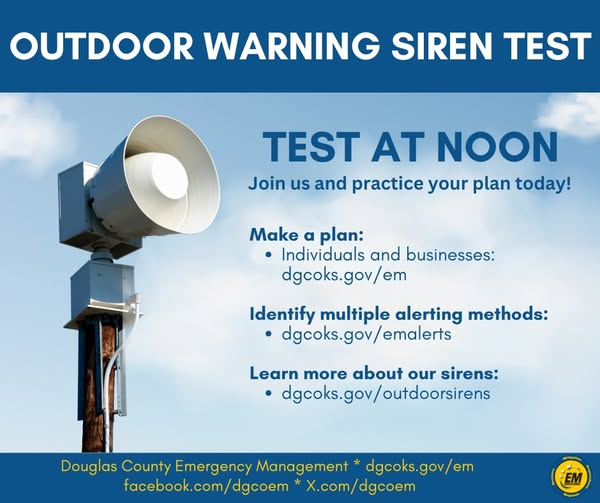 We will be testing the outdoor warning sirens today at noon. Take this opportunity to practice your severe weather plan! Learn more at dgcoks.gov/outdoorsirens. EM6 11/03/2025 0943