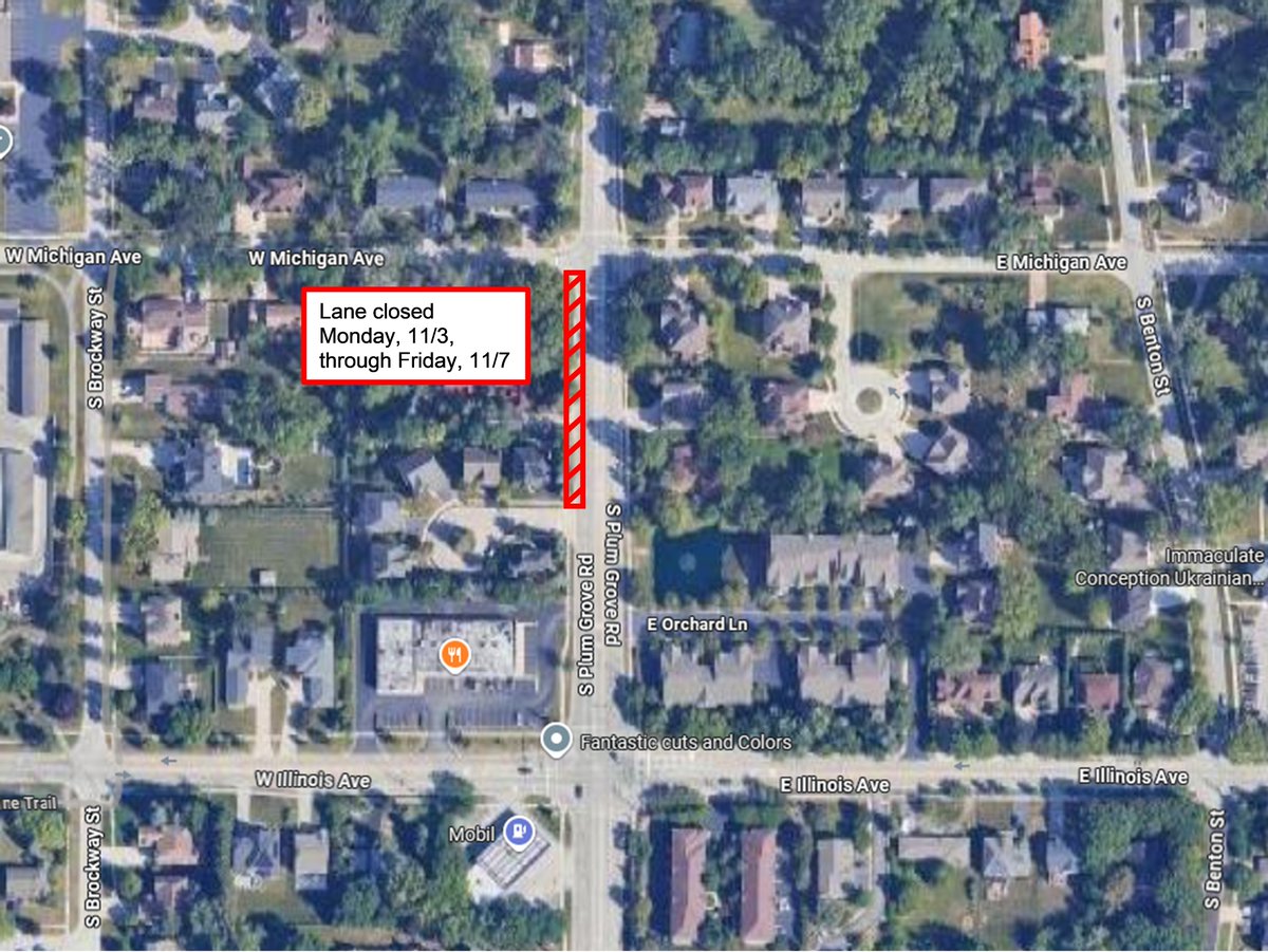 ALERT: Owner of 729 S Plum Grove will be installing a water service this week. Curb lane for southbound Plum Grove from Michigan-Summerset will be closed from Mon, 11/3, to Fri, 11/7. Traffic maintained in the inside southbound lane. No detour route. Consider an alternate route.