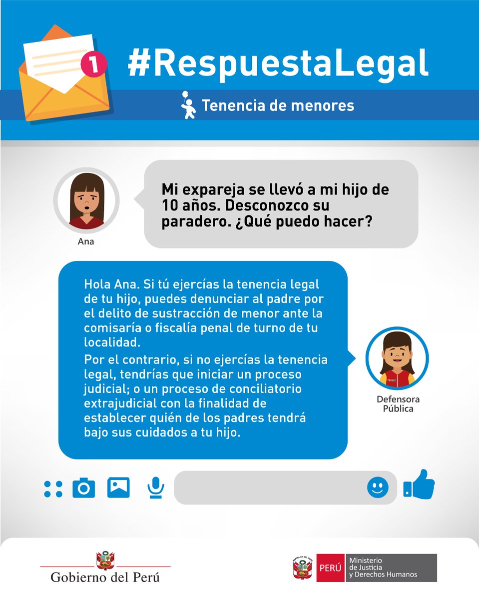 MinjusDH_Peru's tweet image. La tenencia de nuestros hijos menores de 18 años es una preocupación para quien está pasando por una separación o un divorcio. Por ello, hoy tenemos una #RespuestaLegal 📩  a la consulta de Ana.

☝🏼 Si tienes más dudas, llama al 1884 de la #DefensaPública para recibir…