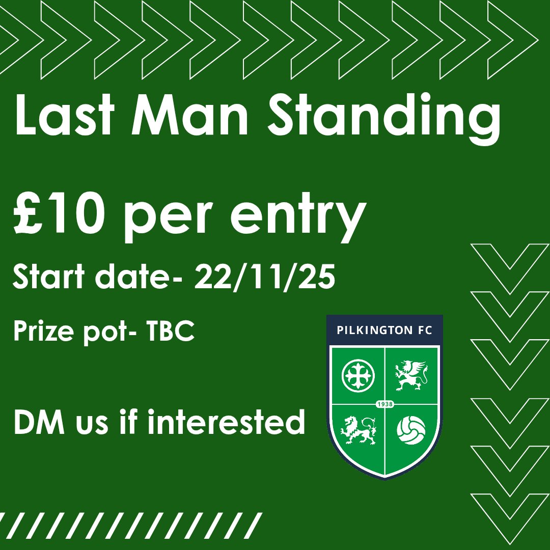 U23PilkingtonFC's tweet image. Starting a last man standing. Prize pot will de confirmed once we have exact numbers. DM or comment if you want to enter or need more info