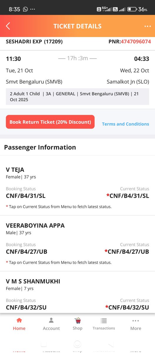 apparao302's tweet photo. @train_help_in  I accidentally entered my elder daughter’s name incorrectly as **V. Padmasri** instead of her correct name **V. M. S. Shanmukhi (Age 7 years)**. Unfortunately, the Ticket Collector cancelled **Seat No. 26** unnecessarily, even after I explained the situation. https://t.co/ToNZggrgcD