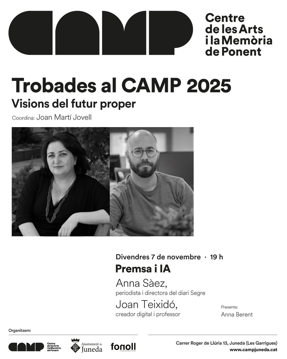 🗞️💻 Aquest divendres 7/11 a les 19 h, nova sessió de les Trobades al CAMP 2025: Premsa i IA amb Anna Sàez (Segre) i Joan Teixidó, que debatran com la intel·ligència artificial transforma el periodisme i la informació.

#CAMPJuneda #FonollInforma