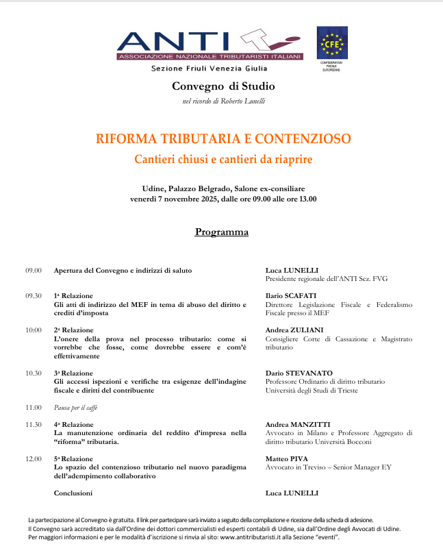 07-11-25 - Udine +💻- Riforma Tributaria e Contenzioso (convegno ANTI) - Tra i relatori, il Prof. <a href="/d_stevanato/">Dario Stevanato</a> 👇
antitributaristi.it/events/riforma…