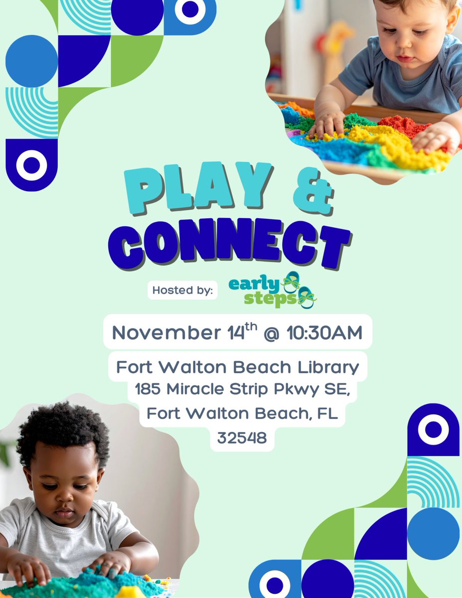 The 2nd Friday at 10:30 is Play &amp; Connect at #fwblibrary! Parents and caregivers can relax while their babies explore, play, &amp; learn. An #EarlySteps Family Resource Specialist will be there to answer questions. Registration recommended. Info &amp; sign up at: live-okaloosa.pantheonsite.io/events/upcomin…