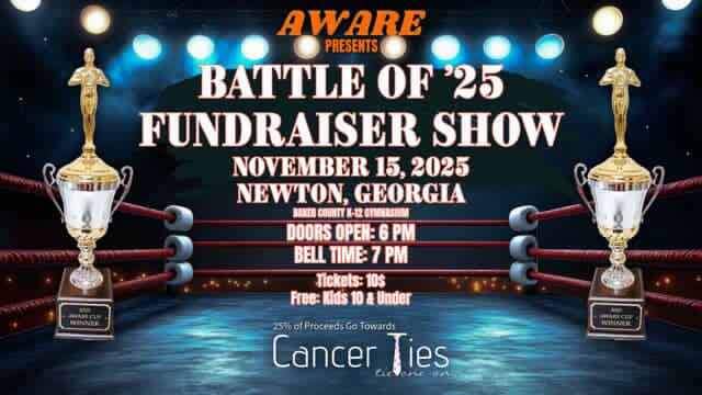 AWARE_Wrestling's tweet photo. The 2025 AWARE Cup is set to be awarded November 15th in Newton, GA! Come see family-friendly pro wrestling raising money for Cancer Ties, Inc.!

AWARE presents The Battle of '25 (A pro wrestling fundraising show for Cancer Ties)
November 15, 2025
Doors Open at 6:00 PM https://t.co/MdWcsFxcTI