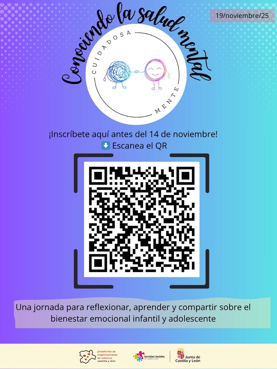 💬“Conociendo la salud mental: Cuidadosamente” <a href="/POI_CyL/">Plataforma de Organizaciones de Infancia (POI) CyL</a>  y <a href="/familiajcyl/">Familia Castilla y León</a>  te invitan a una jornada para escuchar y reflexionar sobre la salud mental infantil y adolescente  ¡Estaremos presentes en representación de la infancia y adolescencia de Castilla y León. Inscríbete👇