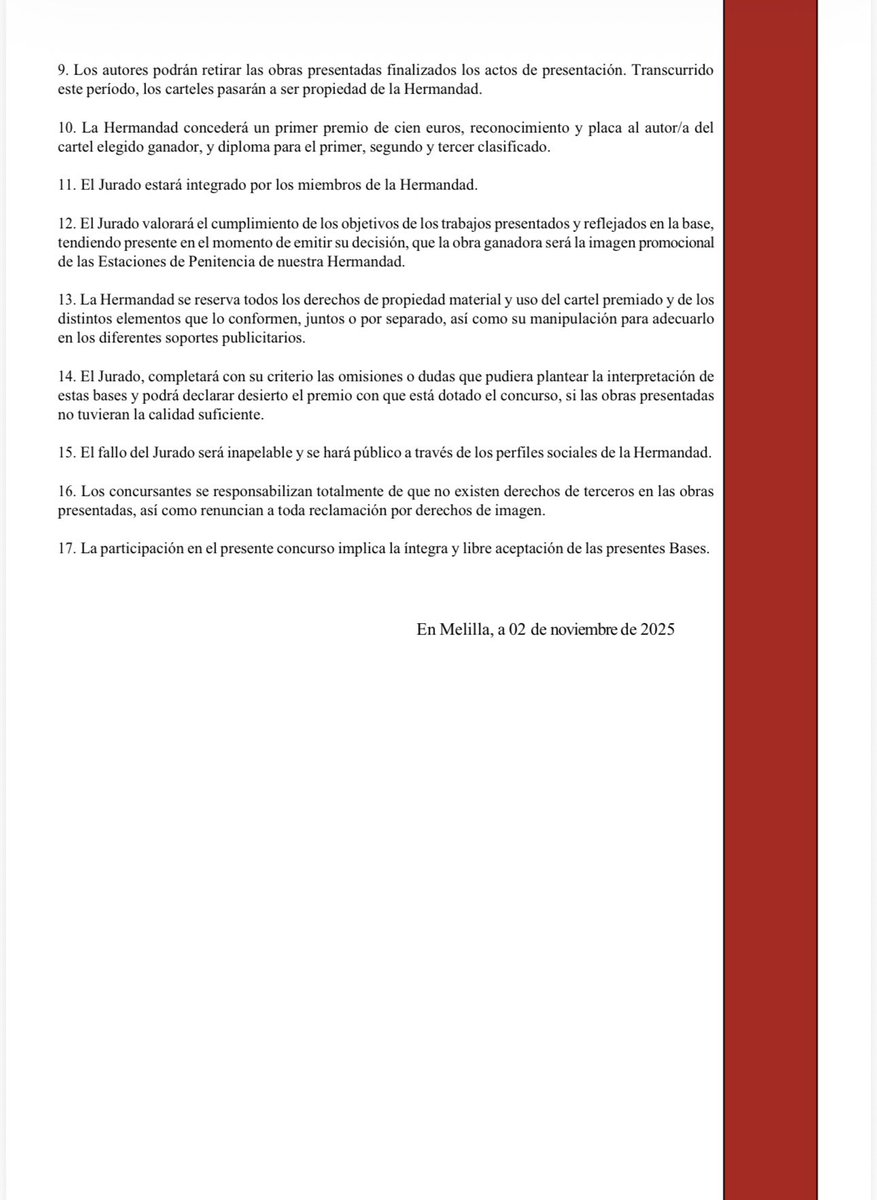 HdadFlagelacion's tweet photo. CARTEL I Se abre plazo de recepción de obras que representará las estaciones de penitencia 2026 de nuestra Hermandad. Fecha límite 12 de Enero. #semanasanta2026 #Melilla @agrupacionML https://t.co/2qmVcYv4pL