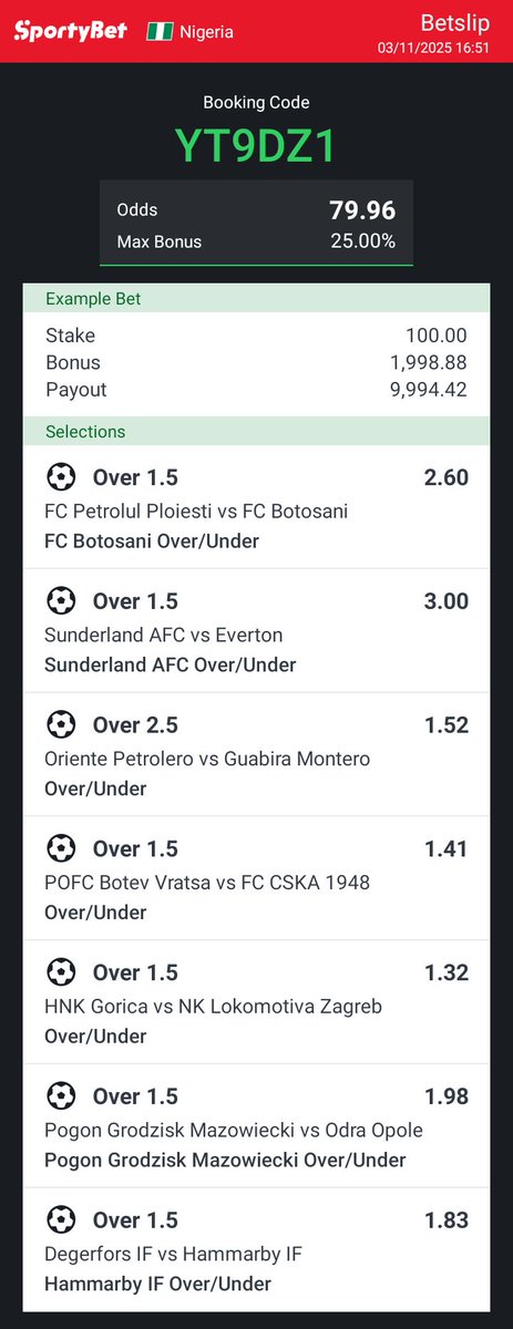 Monster 79 odds acca 👹⚽

Sportybet ➡️ YT9DZ1

Stake wisely

#bettingtips #bettingtwitter <a href="/Flutterpunt/">Gambit</a> #GamblingX #Sunderland #Everton