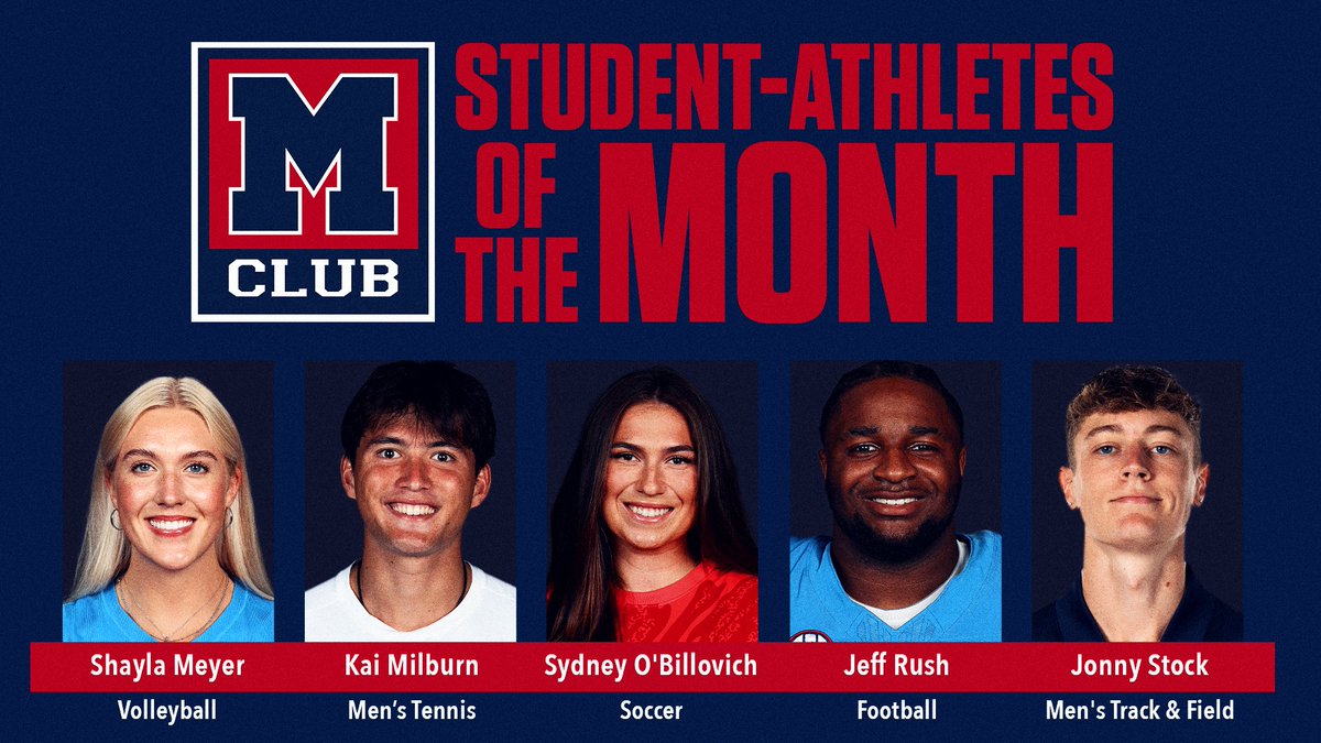 Congratulations to our November <a href="/OleMissMClub/">Ole Miss M-Club</a> Student-Athletes of the month!

<a href="/shaylameyer_/">Shayla Meyer</a>  - <a href="/OleMissVB/">Ole Miss Volleyball</a> 
Kai Milburn - <a href="/OleMissWTennis/">Ole Miss Women's Tennis</a> 
<a href="/sobillovich/">Sidney O'Billovich</a> - <a href="/OleMissSoccer/">Ole Miss Soccer</a> 
<a href="/JefferyRushJr1/">Jeffery (ⱤɄ₴ⱧⱧØɄⱤ) Rush Jr .</a> - <a href="/OleMissFB/">Ole Miss Football</a> 
Jonny Stock - <a href="/OleMissTrack/">Ole Miss Track & XC</a>
