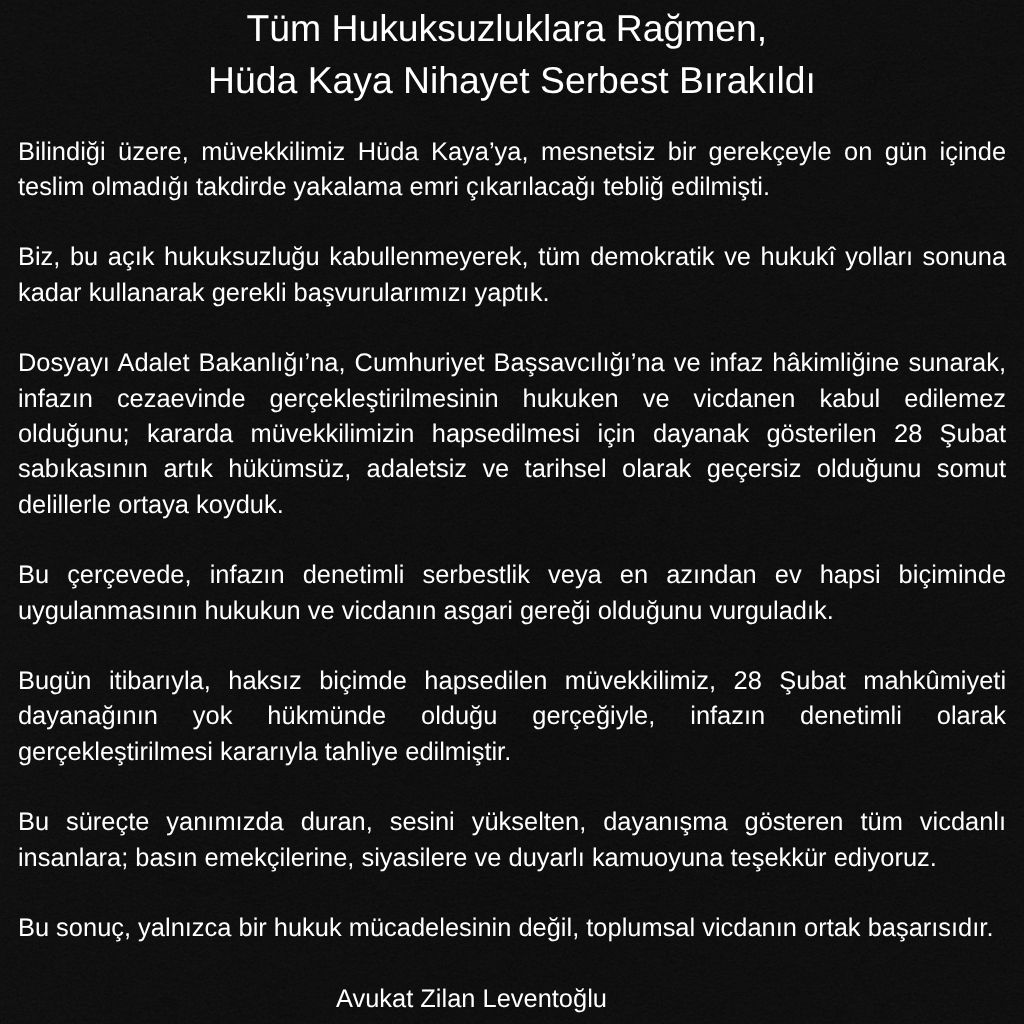 Müvekkilimiz Hüda Kaya tahliye edildi.
Bu sonuç, yalnızca bir hukuk mücadelesinin değil dayanışma ve toplumsal vicdanın ortak başarısıdır.