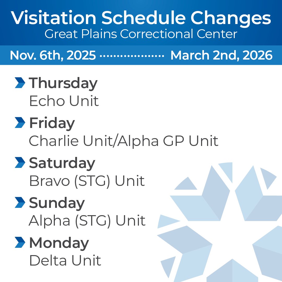 ‼️ As a reminder, Great Plains Correctional Center in Hinton is rotating visitation schedules. The new rotation begins Thursday.