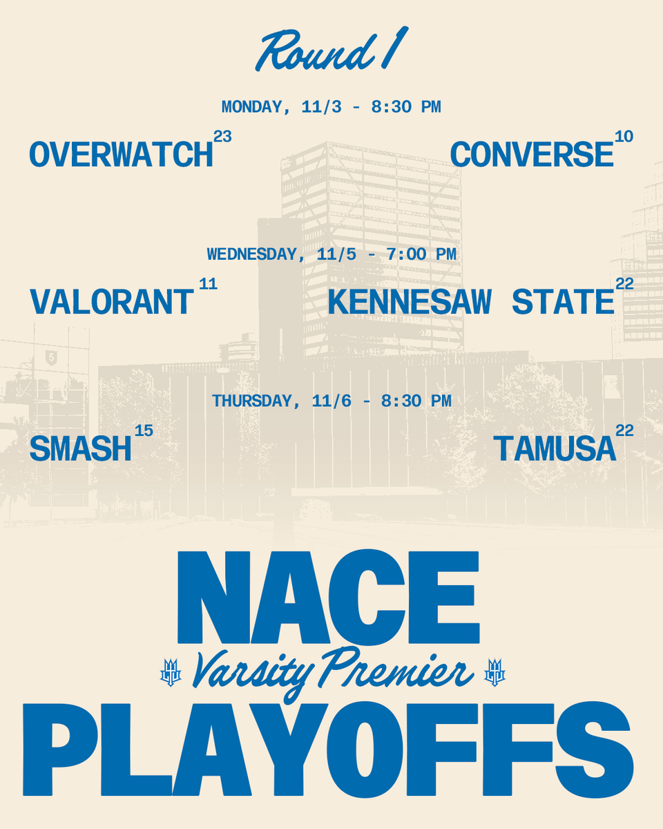 LTUesports's tweet image. 🚨 PLAYOFFS  🚨

Good luck to our OW, Val, and Smash as they begin their @NACEsports Playoffs Run!

💥 OW takes on @ConverseEsports TONIGHT at 8:30 PM

🎯 Val takes on @KennesawEsports Wednesday at 7:00 PM

🕹️Smash Blue takes on @TAMUSAEsports Thursday at 8:30PM