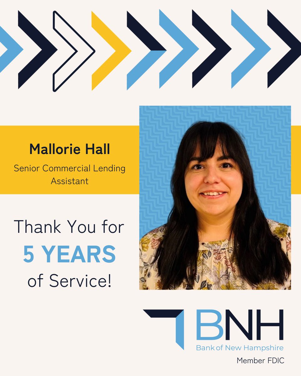 👏 Cheers to Mallorie Hall for reaching an incredible milestone — 5 years with Bank of New Hampshire! Thank you for your dedication and excellence. Here’s to many more! 🥳